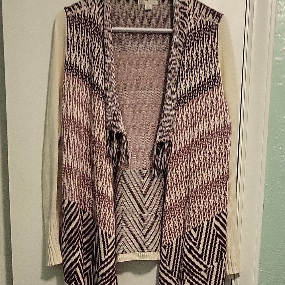 Cream and Brown Geometric Cardigan Sweater